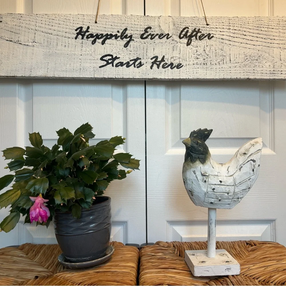 Rustic Country Farm Barn Style White and Black Rooster Sculpture Made of Wood - Picture 3 of 7
